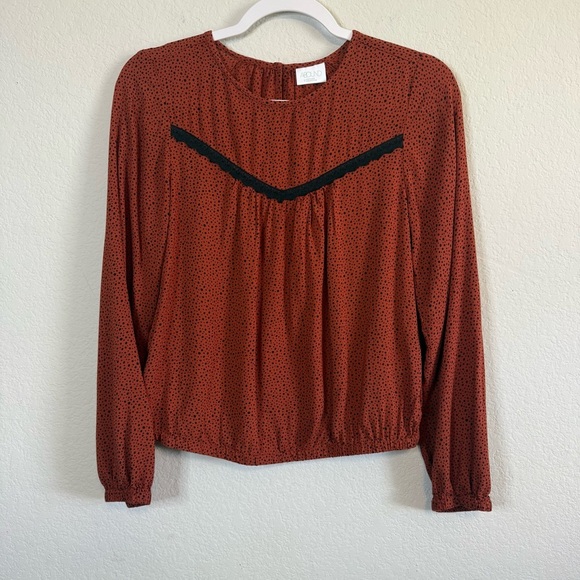 Abound Rust Red Black Micro Polka Dot Lace Trim Long Sleeve Blouse Top Sze Small - Picture 1 of 9